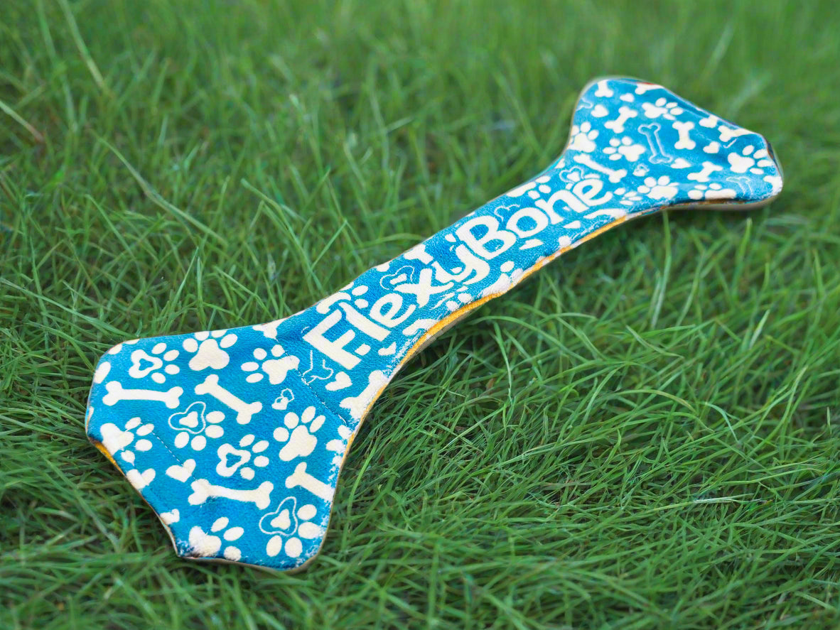 Blue dog toy with white patterns and 'Flexi Bone' branding on a wooden surface