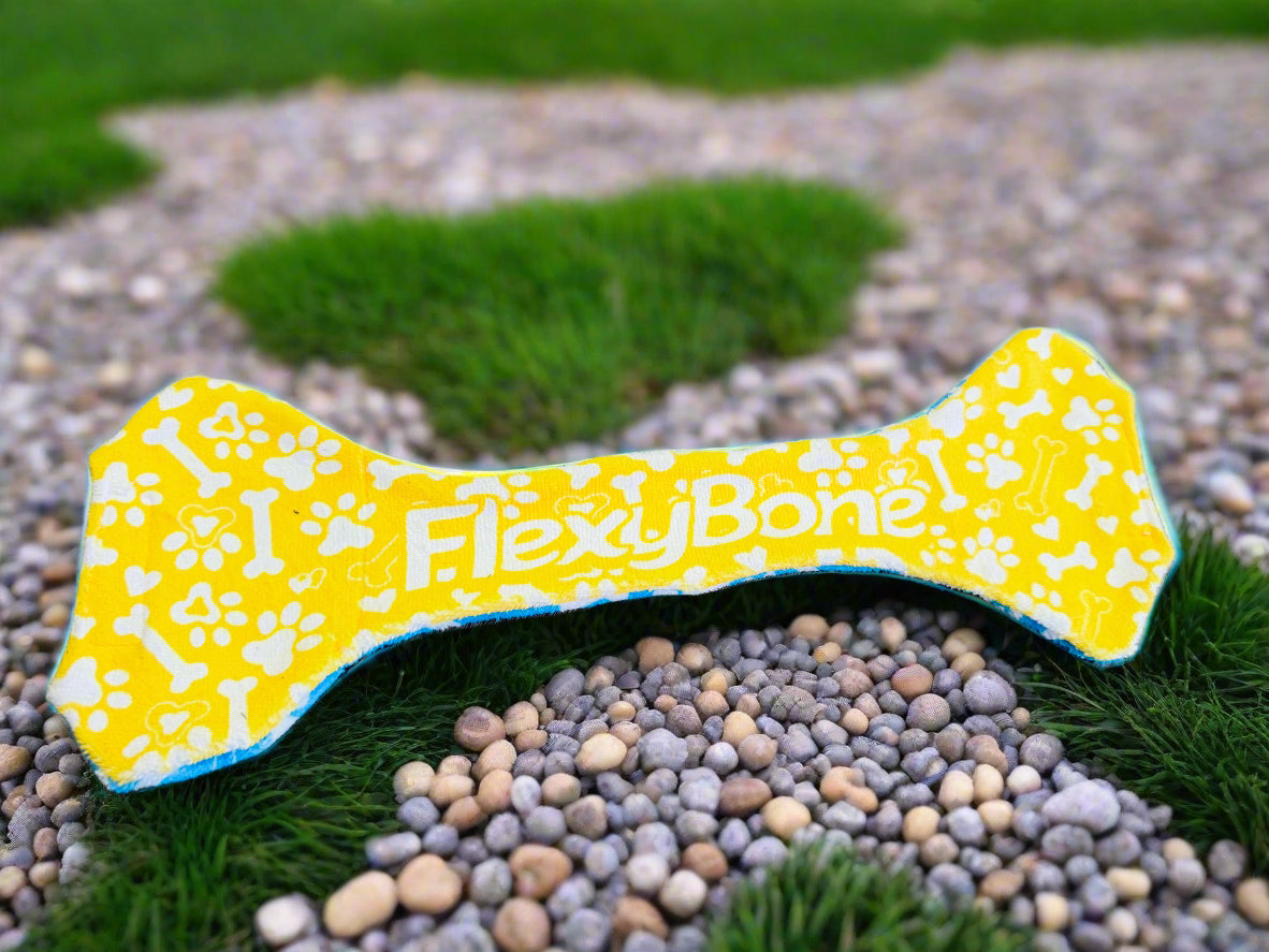 Yellow dog toy shaped like a bone with 'FlexyBone' branding on a wooden floor.
