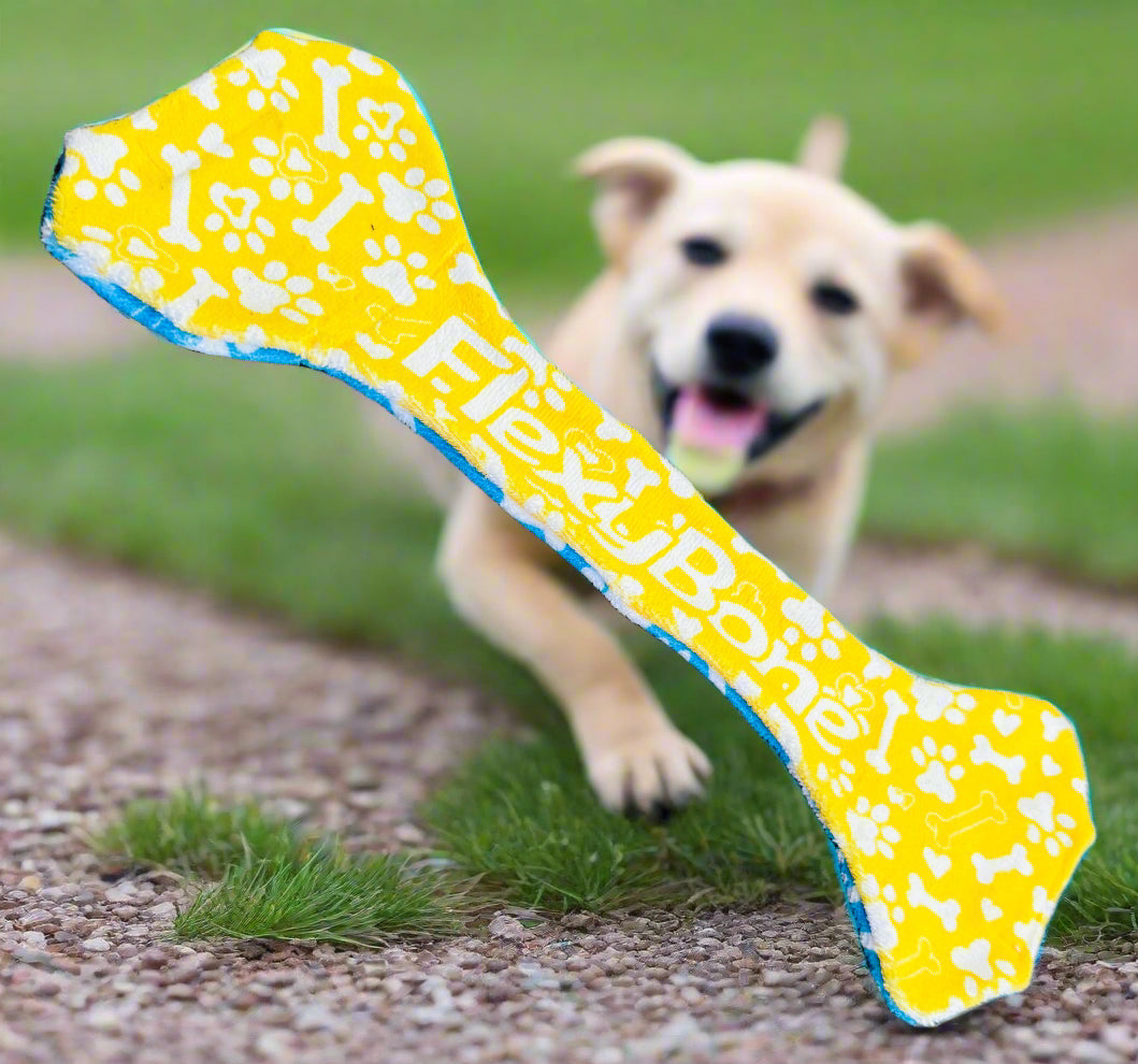 Yellow and blue dog toy with 'Flexi Bone' branding on a wooden surface