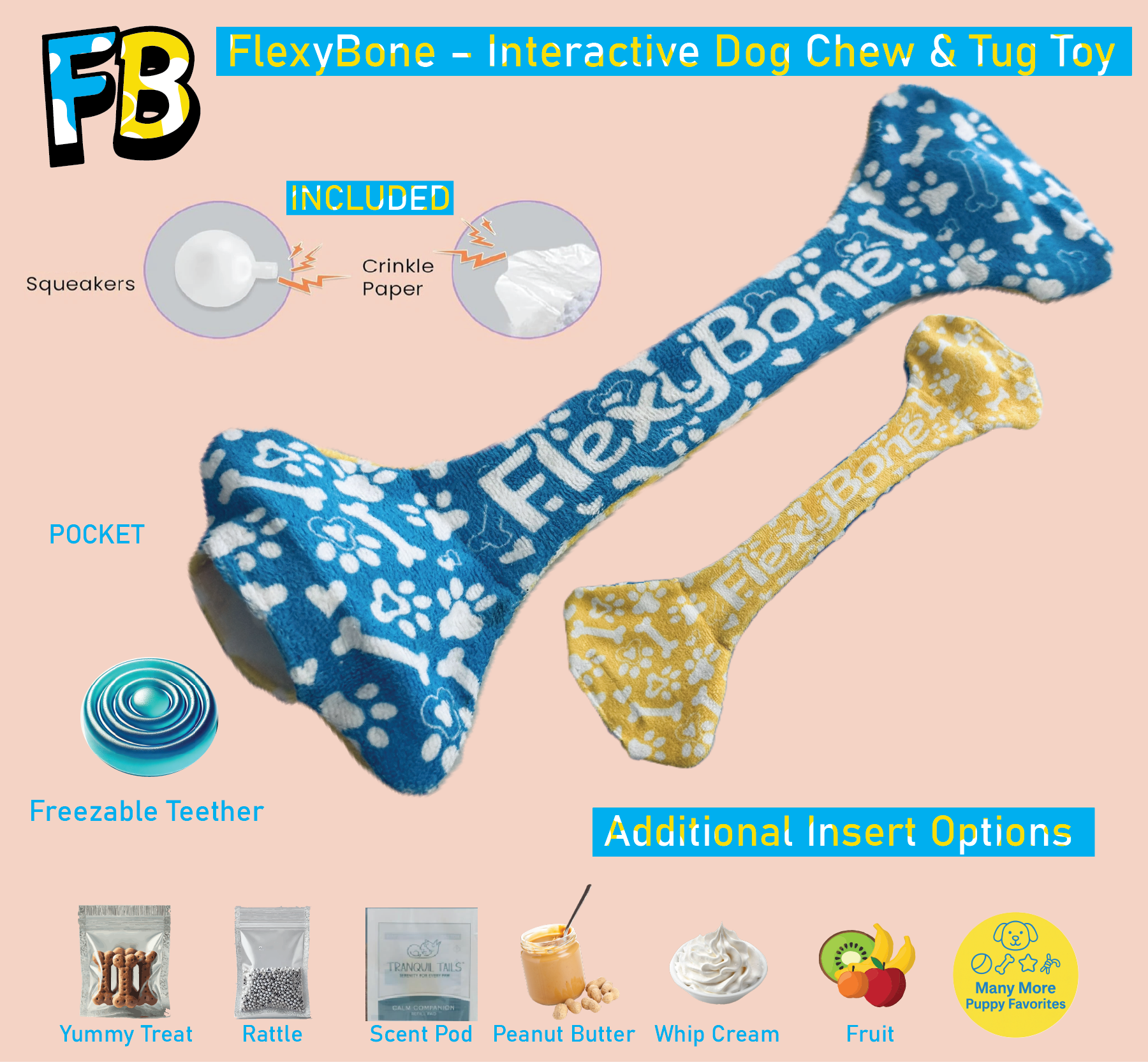 FlexyBone – Interactive Dog Chew & Tug Toy with Side Pockets – Strong Towel Material – Freezable, Washable, Sensory Enrichment for Puppies & All Dogs – Holds Treats, Squeakers, Crinkle & More